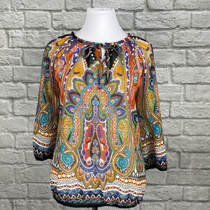 Chico's Multi-Color Sheer Paisley Tie Neck Blouse